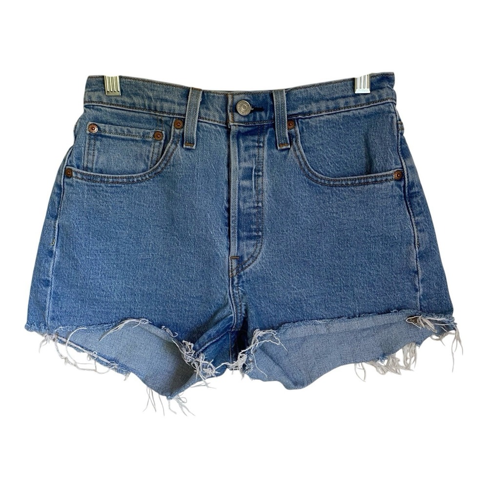 Levis 501 Jean Mini Shorts Women 26 Blue Cut-Off Button Fly Distressed Raw Hem